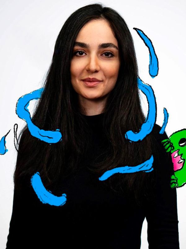 Portrait of Fatemah Hemmatipour with cartoon style blue swirls surrounding her body and a green creature perched on her arm 